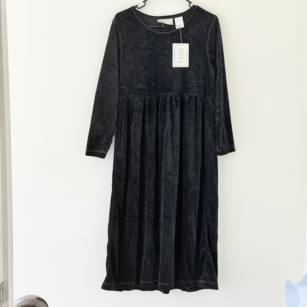 Black Velvet Midi Dress Petite M Vintage Modest Long Sleeve Holiday Occasion NWT